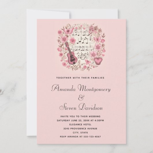 楽譜と花ヴィンテージ結婚スタイル 招待状 (正面)