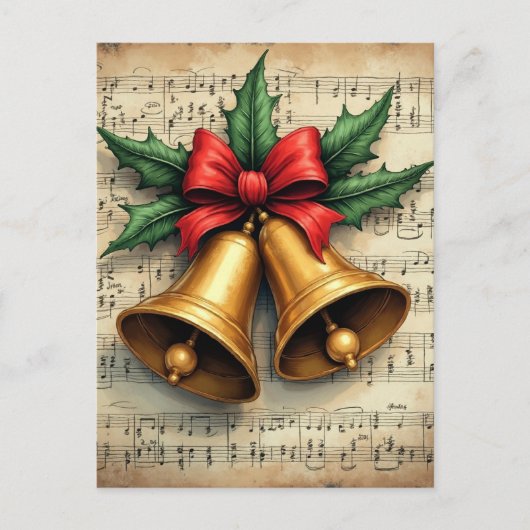 楽譜にクリスマスベルが描かれたデザイン、 ポストカード (正面)