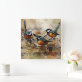 楽譜に佇む3羽の歌鳥 水彩画 スクエア壁時計 (ホーム)