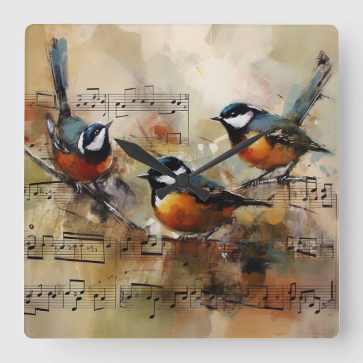 楽譜に佇む3羽の歌鳥 水彩画 スクエア壁時計 (正面)