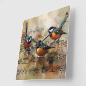 楽譜に佇む3羽の歌鳥 水彩画 スクエア壁時計 (傾斜)