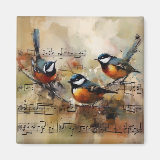 楽譜に止まる3羽の歌鳥 水彩画マグネット マグネット (正面)