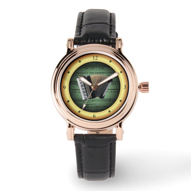 楽譜のアコーディオン～金ゴールド背景の緑～ 腕時計 (正面)