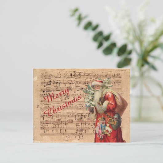 楽譜のサンタのノスタルジックなおもちゃそして木 シーズンポストカード (スタンド正面)