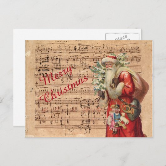 楽譜のサンタのノスタルジックなおもちゃそして木 シーズンポストカード (正面/裏面)
