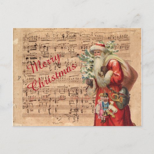 楽譜のサンタのノスタルジックなおもちゃそして木 シーズンポストカード (正面)