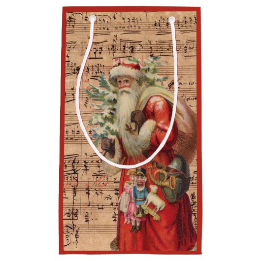 楽譜のサンタのノスタルジックなおもちゃそして木 スモールペーパーバッグ (正面)
