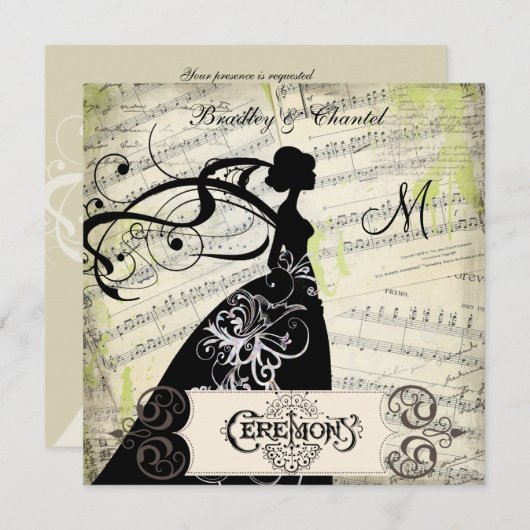 楽譜のシルエットの花嫁の結婚式の招待 招待状 (正面/裏面)