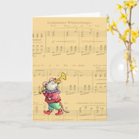 楽譜のトランペットのマウス-挨拶状 カード (黄色い花)