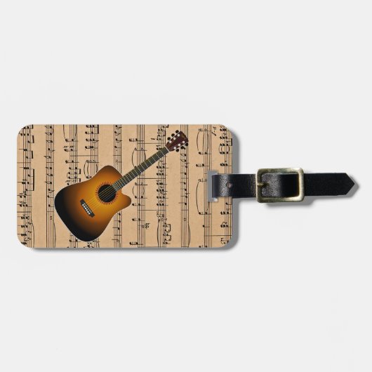 楽譜の背景が付いているアコースティックギター ラゲッジタグ (正面横)