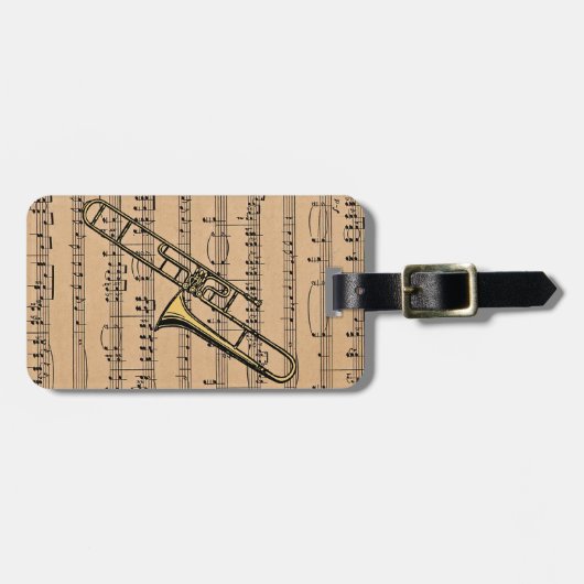 楽譜の背景が付いているトロンボーン ラゲッジタグ (正面横)