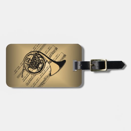 楽譜の背景が付いているフレンチ・ホルン ラゲッジタグ (正面横)