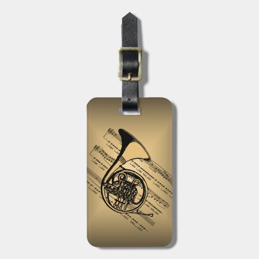 楽譜の背景が付いているフレンチ・ホルン ラゲッジタグ (正面縦)