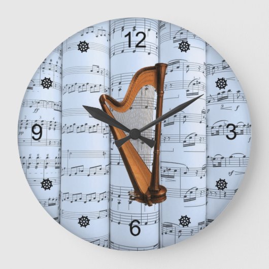 楽譜をハープ転が~ブルーティント背景~ ラージ壁時計 (正面)