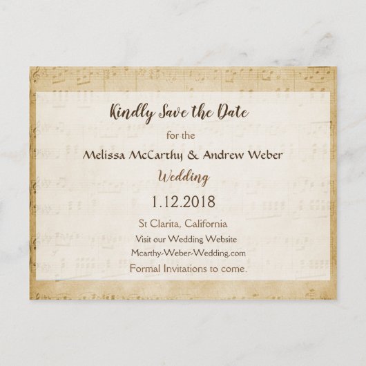 楽譜ピンクのバラの日付を保存 ポストカード (裏面)