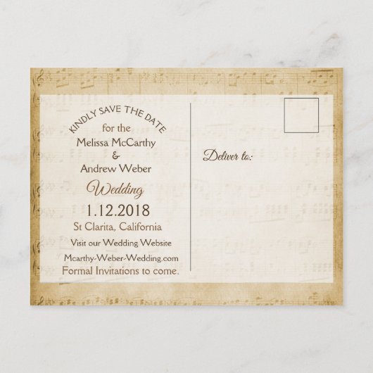 楽譜ピンクのバラ日付ポストカードを保存 案内ポストカード (裏面)