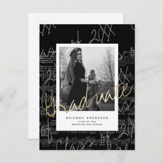 楽譜ブラックフォト卒業発表 案内ポストカード (正面/裏面)