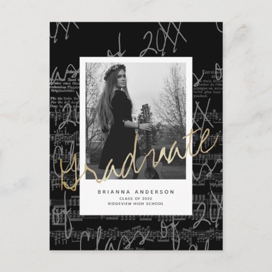 楽譜ブラックフォト卒業発表 案内ポストカード (正面)