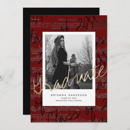 楽譜ブルゴーニュ写真卒業 招待状 (正面/裏面)