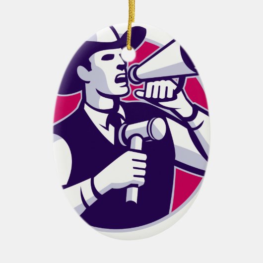 槌および拡声器を持つ競売人のカウボーイ セラミックオーナメント (正面)