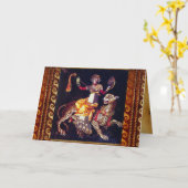 槍に乗ったヒョウのギリシャのモザイクのあるディオニュソス カード (黄色い花)