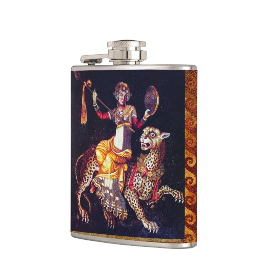 槍に乗ったヒョウのギリシャのモザイクのあるディオニュソス フラスク (左)