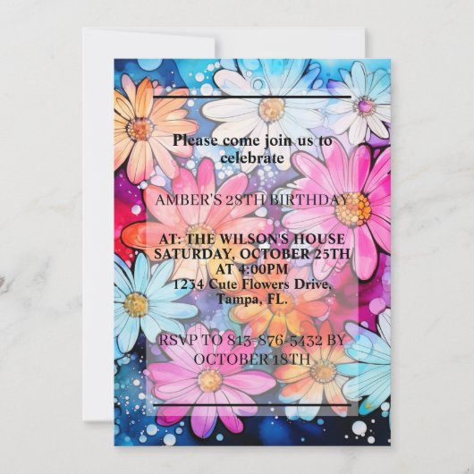 様々なかわいい抽象芸術デイジー花誕生会 招待状 (正面)