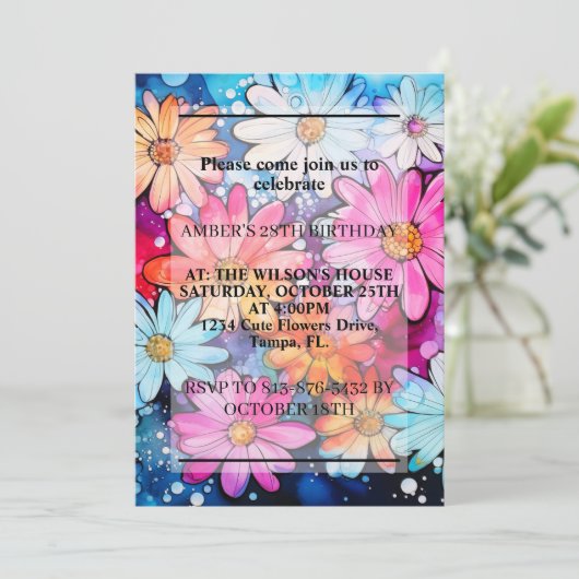 様々なかわいい抽象芸術デイジー花誕生会 招待状 (スタンド正面)