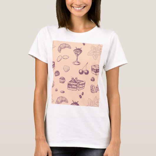 様々なデザートと甘いパターン。 Tシャツ (正面)