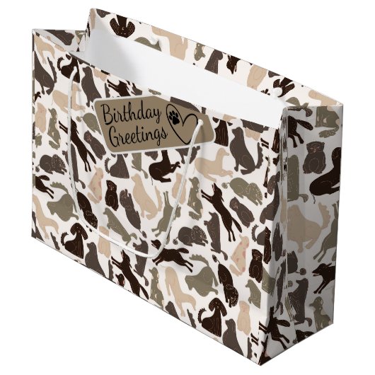 様々なポーズのドッグシルエットのシームレスなパターン ラージペーパーバッグ (正面アングル)