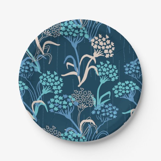 様式化あじさい花の柄 – エレガント青 ペーパープレート (正面)