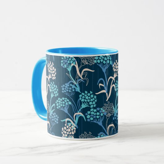 様式化あじさい花の柄 – エレガント青 マグカップ (正面左)
