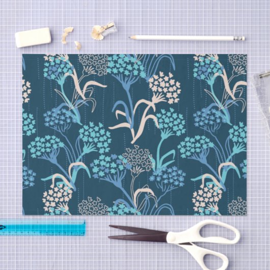 様式化あじさい花の柄 – エレガント青 薄葉紙 (クラフト)