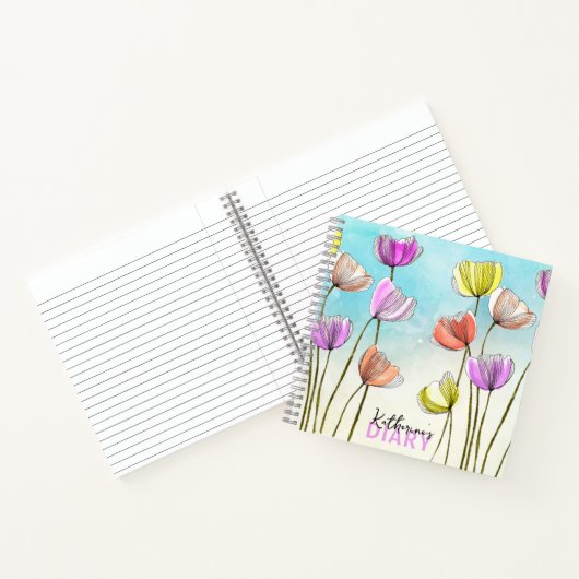 様式化お洒落された水彩及びインクチューリップ日記 ノートブック (内部)