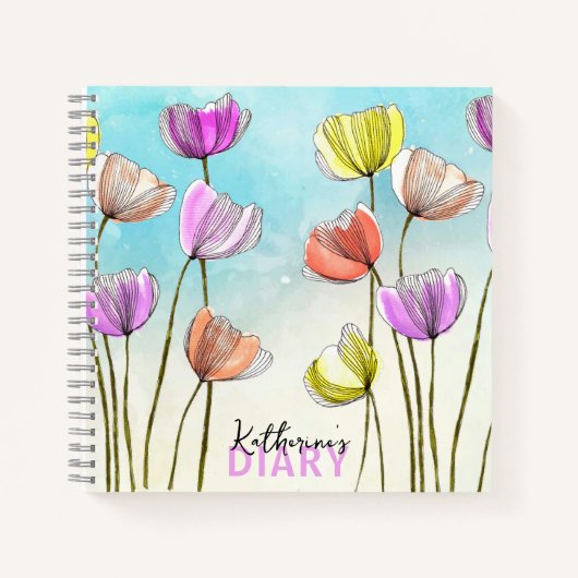 様式化お洒落された水彩及びインクチューリップ日記 ノートブック (正面)