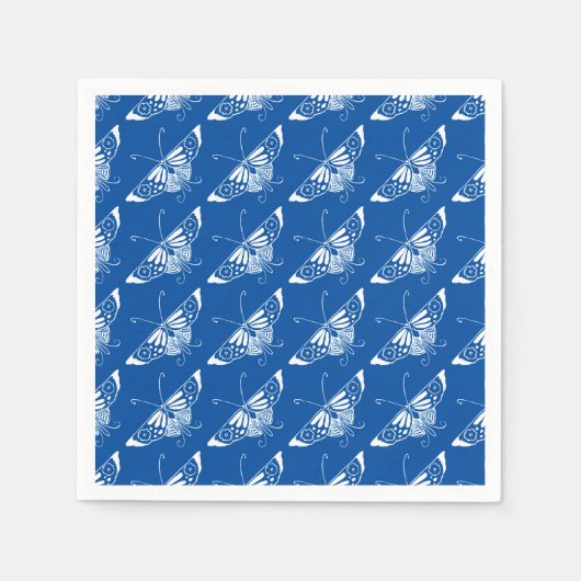 様式化されたアールデコ蝶、コバルトブルーと白 スタンダードカクテルナプキン (正面)