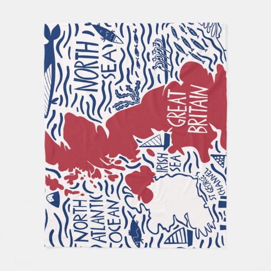 様式化されたイギリスの地図:ヴィンテージ旅行。 フリースブランケット (正面)