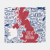 様式化されたイギリスの地図:ヴィンテージ旅行。 フリースブランケット (正面(横))