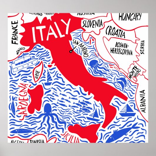 様式化されたイタリアの地図:ヴィンテージ旅行。 ポスター (正面)