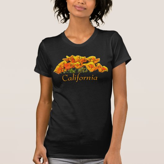 様式化されたカリフォルニアポピーアート「カリフォルニア」文字 Tシャツ (正面)