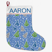 様式化されたクリスマスツリーのパターン青と名前 ラージクリスマスストッキング (正面)