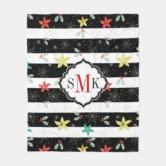 様式化されたクリスマスホリー&ポインセチア模様 フリースブランケット (正面)