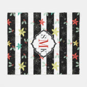 様式化されたクリスマスホリー&ポインセチア模様 フリースブランケット (正面(横))