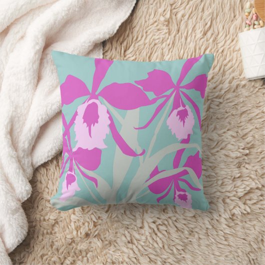 様式化されたグラフィックパープルアクアオーキッドアートピロー クッション (ブランケット)