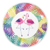 様式化されたココナッツリーフ&ピンクフラミンゴ セラミックノブ (正面)