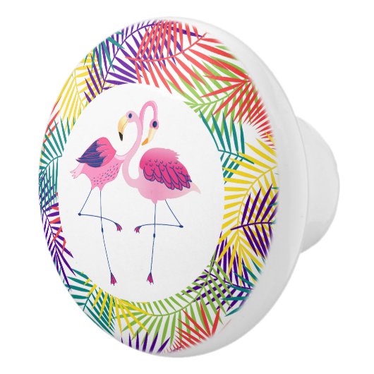 様式化されたココナッツリーフ&ピンクフラミンゴ セラミックノブ (右)