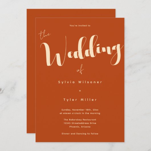 様式化されたタイポグラフィ燃え結婚オレンジ 招待状 (正面/裏面)