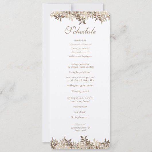 様式化されたタンおよびブラウンの花の葉のスケジュール 招待状 (裏面)