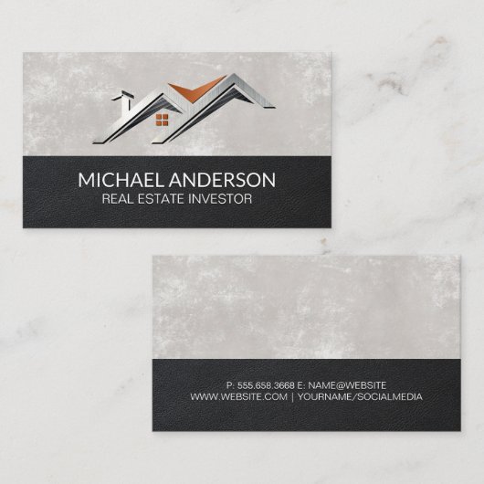 様式化されたハウスルーフロゴ | レザーテクスチャ 名刺 (正面/裏面)