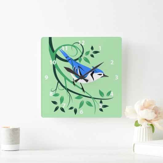 様式化されたバードアートブルージェイ スクエア壁時計 (ホーム)